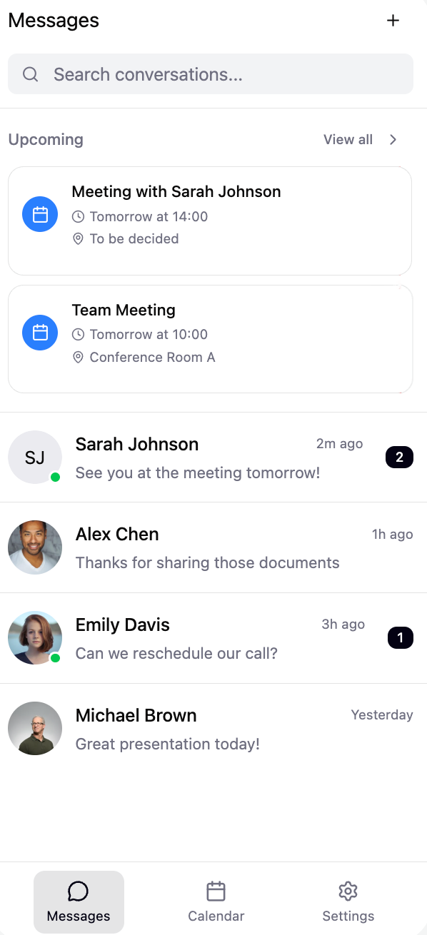 OPOY Messages interface with search conversations, upcoming meetings including Meeting with Sarah Johnson and Team Meeting, recent messages from Sarah Johnson, Alex Chen, Emily Davis and Michael Brown, and bottom navigation with Messages, Calendar and Settings tabs